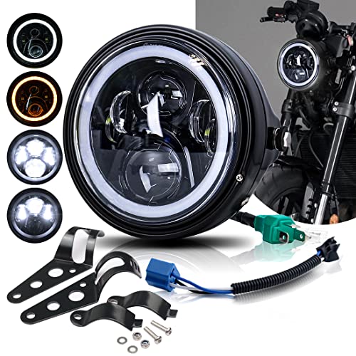 7 Inch LED Motorcycle Headlight Round DOT Approved With Housing Bucket Turn Signals DRL Halo Ring Angle Eyes Hi/Lo Beam Headlight w/Fork Clamp Bracket for H-arley Honda Yamaha Motorcycle - size: 7in Motorcycle Headlight with Halo Ring DRL