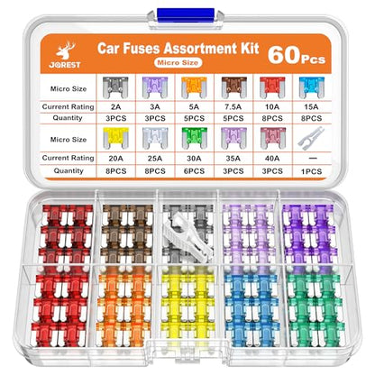 JOREST 60Pcs Car Fuse Kit - Replacement Fuses Assortment Kit for Car/RV/Truck/Motorcycle (2Amp 3A 5A 7.5A 10A 15A 20A 25A 30A 35A 40A) - Micro Blade Fuses Automotive + Auto Fuse Puller - style: 60 x micro
