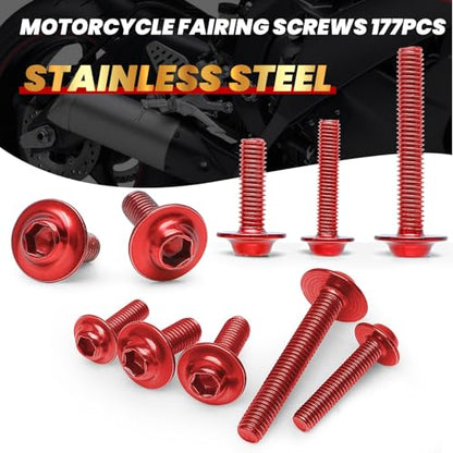 177Pcs Motorcycle Fairing Bolt Kit Red, M5 M6 Stainless Steel - color: Red