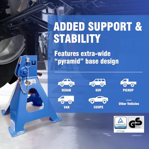 Car Jack Stands 3 Ton with Double Locking and Large Foot Base for Lifting Cars,SUVS,MPVS, Heavy Duty Steel, 6600 lb Capacity, 1 Pair, Blue - size: 3T+Wheel blocks