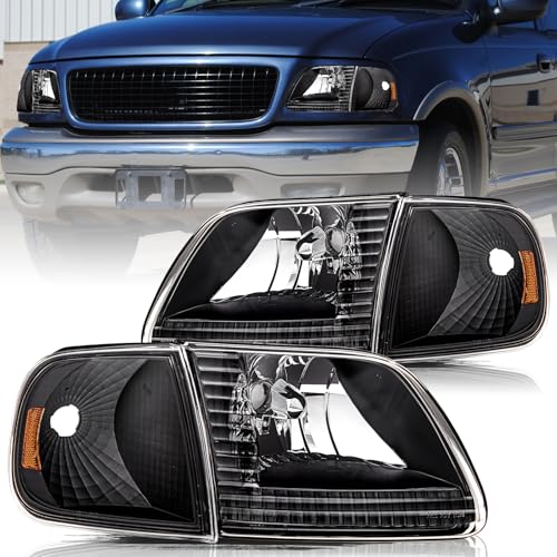 Aosky Halogen Headlights Assembly for 1997-03 Ford F150 Expedition - color: Black / Amber, style: w/o Bulbs