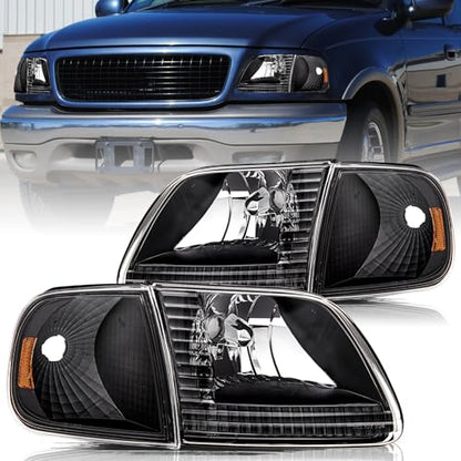 Aosky Halogen Headlights Assembly for 1997-03 Ford F150 Expedition - color: Black / Amber, style: w/o Bulbs