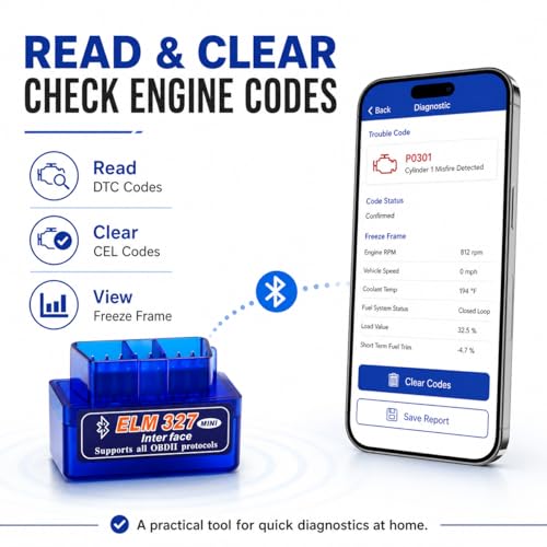 OBD2 Scanner Bluetooth 5.1 Adapter for iPhone & Android, OBDII Car Diagnostic Code Reader for 12V Gas Cars, Check Engine Light Reader with Live Data, VIN, RPM, Coolant Temp, YMOBD App - color: blue
