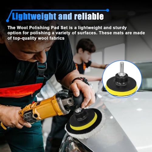 7PCS 3 Inch Wool Polishing Buffing Pad, Polisher Buffer Drill Attachment with Hook and Loop Back, M10 Drill Adapter, Car Buffing Wheel Pads for Waxing, Detailing, Polishing