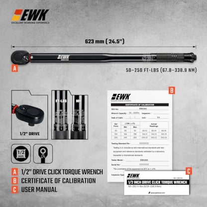 EWK 1/2" Drive Click Torque Wrench 50–250 ft-lbs (67.8–338.9 Nm)