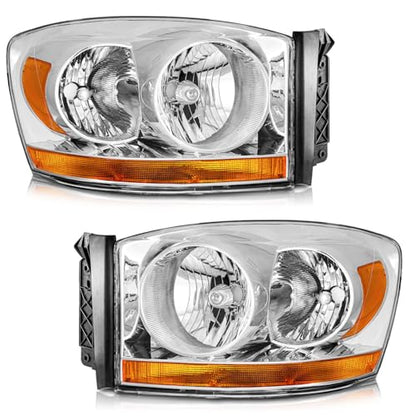 WEELMOTO Chrome Headlights with Amber Bottom for 2006-2008 Ram 1500-3500 - color: Clear Lens I Chrome Housing I Amber Reflector