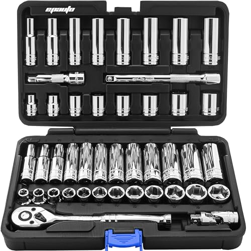 45 Pieces - EPAuto 3/8" Drive Socket Set with 72-Tooth Pear Head Ratchet - size: 45 Pieces