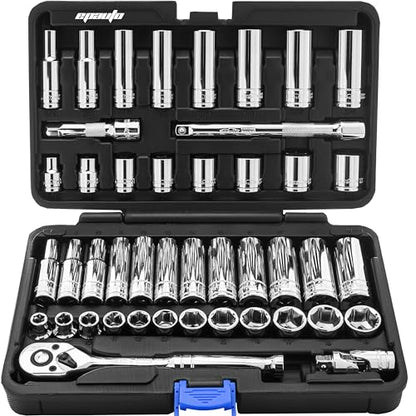45 Pieces - EPAuto 3/8" Drive Socket Set with 72-Tooth Pear Head Ratchet - size: 45 Pieces