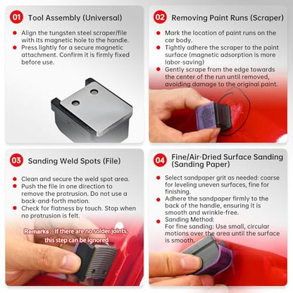 Automobile Spray Paint Point Repair Scraper with Removable Handle,Carbide Tungsten Repair Scraper Tool Paint File for Edge Banding, Denibbing, and Spot Repair - color: Double-hole+handle+box+sandpaper