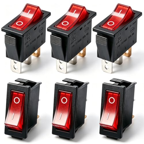 TWTADE / 6Pcs Rocker Switch Illuminated Red Light On/Off SPST 3 Pin 2 Position Toggle Switch Snap AC 250V/16A, 125V/20A KCD3-101N-R - color: Red-ON/Off - KCD3, size: Narrow Rectangle