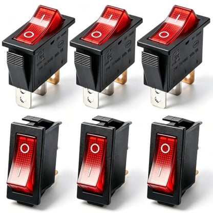 TWTADE / 6Pcs Rocker Switch Illuminated Red Light On/Off SPST 3 Pin 2 Position Toggle Switch Snap AC 250V/16A, 125V/20A KCD3-101N-R - color: Red-ON/Off - KCD3, size: Narrow Rectangle