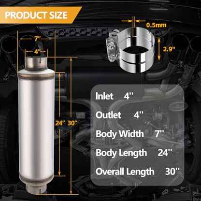4 Inch Exhaust Muffler with Clamp, 4" Inlet/Outlet 30" Overall Length Resonator, Stainless Steel Straight Through Design Performance Muffler with Clamp, 1 PC - size: 4'' inlet, 7'' body width