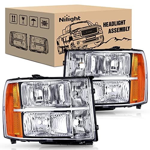 Nilight Headlight Assembly Compatible for 2007 2008-2013 GMC Sierra 1500 2008-2014 GMC Sierra 2500 HD 3500 HD Chrome Housing Amber Corner Clear Lens, Headlights Assembly Replacement - color: Chrome Housing + Amber Reflector