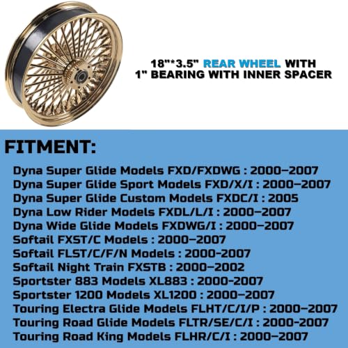 FatFlex Rear Wheel for Harley Dyna Softail Touring 18” Gold Fat Spokes - color: 18" x 3.5", Gold+Gold+Gold