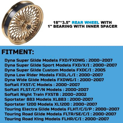 FatFlex Rear Wheel for Harley Dyna Softail Touring 18” Gold Fat Spokes - color: 18" x 3.5", Gold+Gold+Gold