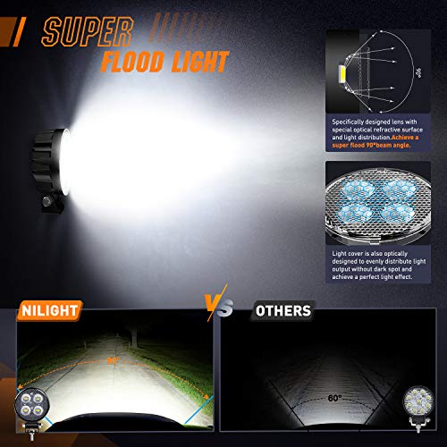 Nilight 2 PCS 3 Inch LED Pods Round 1500LM Built-in EMC Work Light 90° Flood Beam Angle Offroad Side Lights w/ 16AWG DT Wiring Kit for Tractor Truck Boat ATV UTV - color: White Led Pods +Wiring harness