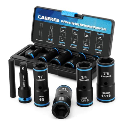 1/2" Drive Flip Lug Nut Impact Socket Set, 6PCS Dual-End Thin Wall Socket, Metric & SAE, 17, 19, 21, 22, 3/4", 13/16", 7/8", 15/16", CR-MO Steel, Includes 3" Extension Bar & Knockout Bar - size: 6PCS Standard Metric & SAE