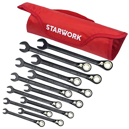 STARWORK TRUE MECHANIC™ 12-Piece 2-in-1 Reversible Ratcheting Wrench Set with Rolling Pouch, 120-Tooth, SAE&Metric - size: 12-Piece 120-Tooth
