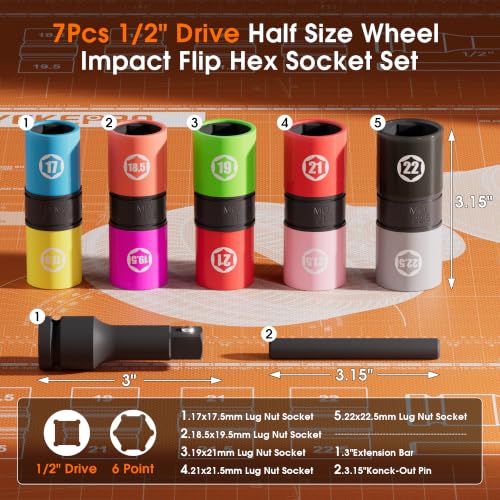 7PCS Half Size Lug Nut Flip Socket Set, 1/2" Drive Impact Sockets