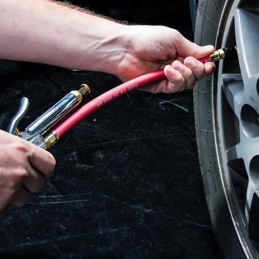 Steelman Straight Air Chuck Tire Inflator with Built-in Gauge and 12-inch Hose, Measures 10-90 PSI, Push-on Chuck, Steel Casing with Brass Fittings - color: Red
