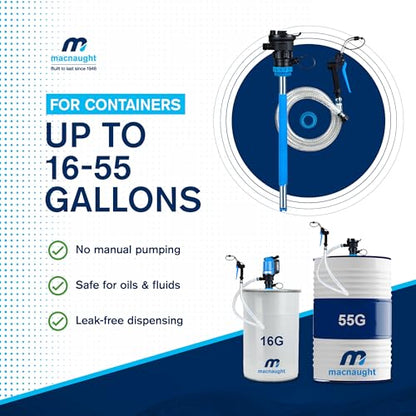 Macnaught BP205X Universal Oil Pump Stem Kit – 16/55 Gallon, 5FT Hose, On-Demand Nozzle – for Oil, ATF, Coolant, Hydraulic Fluids – 2 Yr Warranty - style: 16-55 Gal Universal Stem Kit