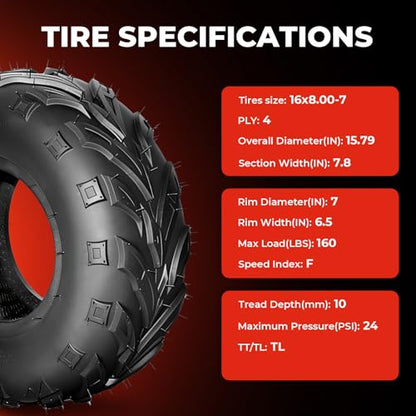 ATV Tires 16x8-7,4 PR Mini Bike Tires,Tubeless,Pair of 2 - size: 16x8-7