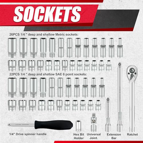 EACELIY 54pcs 1/4" Socket Set,Drive Impact Socket Set, SAE/Metric, Deep & Shallow with Universal Joint,Extension Bars,Hex Bit Holder, Spinner Handle,Ratchet,Cr-V Steel，6 Point，4-14mm，5/32-9/16 inch - size: 54PCS 1/4inch