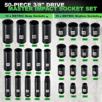 3/8" Impact Socket Set, 50PCS SAE 5/16-3/4" & Met 8-22mm