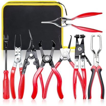 Professional Fuel Line Pliers Set, Hose Clamp Pliers, Electrical Disconnect, Connector Release, Push Pin Retainer Clip, Relay Puller for Auto Fuel, Oil, Coolant Radiator Hoses with Bag
