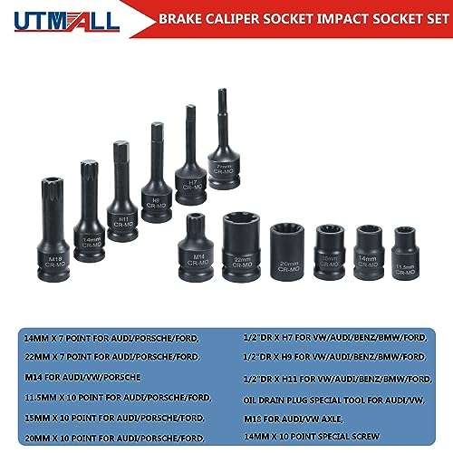 12PCS Brake Adjusting Tools Brake Caliper Socket Set Kit 10 Teeth 7 Teeth H7 H9 M14 for Audi VW BMW Benz Porsche Ford, Wheel Axles Socket M18, Oil Drain Plug Wrench