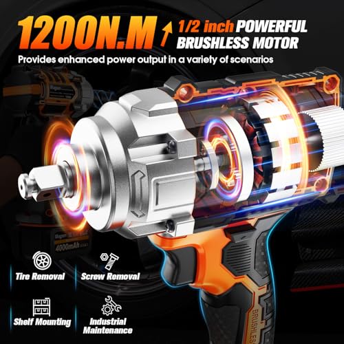 1/2" Cordless Impact Wrench, 900Ft-lbs (1200N.m) Brushless High Torque Impact Gun,3800RPM,3 Variable Speeds,LED Light,2x4000mAh Battery, 5 Sockets,Electric Impact Gun for Car/Mower/Pickup - size: 1200n