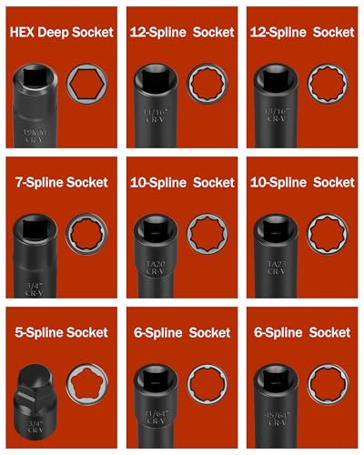 10-Piece Spline Lug Nut Socket Set, 1/2" Drive for Spike Lug Nuts