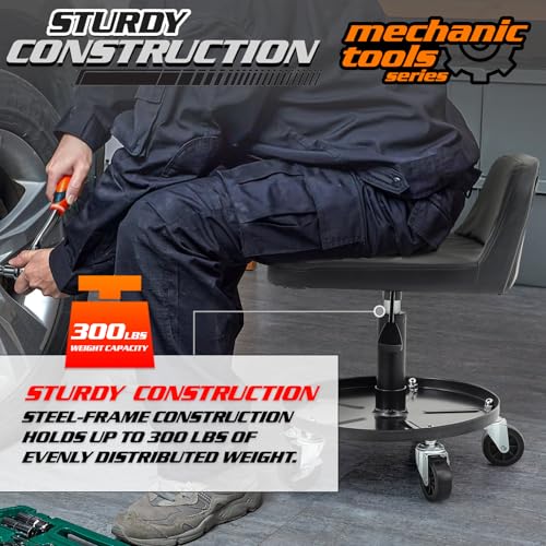 M-AUTO Padded Seat Mechanic Stool with Wheels, 16”-21” Height Adjustable Swivel Mechanics Seat with Tool Tray Storage for Garage and Garden, 300lbs Capacity - size: 21" Round