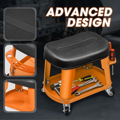 DNA MOTORING Removable Rolling Garage Stool with Seat Cushion & Tool Tray Plate, 300lbs Max Weight Capacity, Orange, TOOLS-00479-OG - color: Orange