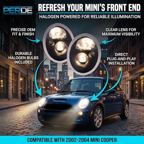 PERDE Compatible with Mini Cooper Black Headlight Set Halogen Left Driver Right Passenger Pair