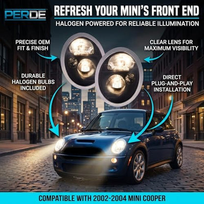 PERDE Compatible with Mini Cooper Black Headlight Set Halogen Left Driver Right Passenger Pair
