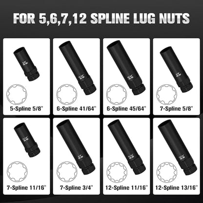 8PCS Spline Lug Nut Removal Tool Kit, Locking Lug Nut Key - size: 5, 6, 7, 12 Spline