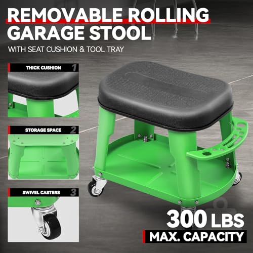 Auto Dynasty Mechanic Roller Stool, 300 LBS Capacity Rolling Creeper Garage Shop Seat with Tool Tray, Heavy Duty Mechanic Roll Repair Chair for Workshop Household Home Warehouse Office, Green - color: Green