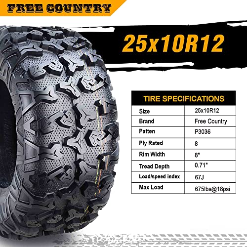 Free Country ATV Tires 25X10R12 8PR Radial w/SideScuff Guard 10343, Set 2 - size: 25x10R12