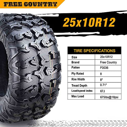 Free Country ATV Tires 25X10R12 8PR Radial w/SideScuff Guard 10343, Set 2 - size: 25x10R12