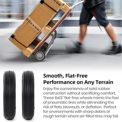 (2-Pack) AR-PRO 6” x 1.5” Flat Free Solid Rubber Wheel Assemblies - Replacement Hand Truck Wheels with Ball Bearings and 5/8” Bore Hole Diameter - Heavy-Duty Solid Rubber Wheels 132 lbs Load Capacity - size: 5/8"