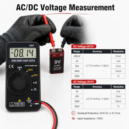 AIOMEST Digital Multimeter,Pocket Voltmeter Ohmmeter Measuring AC&DC Voltage Resistance Continuity Buzzer Diode Test, Auto Ranging Card Volt Ohm Tester DMM AI-4201