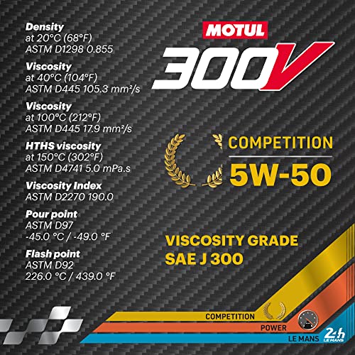 Motul 110859 300V 5W-50 COMPETITION Car Racing Motor Oil Full Synthetic Engine Lubricant 2 Liter High Performance 4-Stroke Ester Core - size: 2L