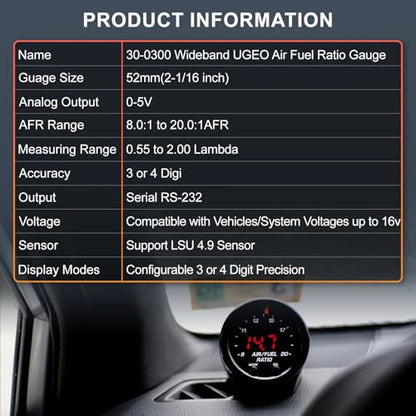 30-0300 X-Series 52mm (2-1/16”) Wideband UEGO Air/Fuel Ratio Gauge with LSU 4.9 Sensor Controller Gauge with Wideband Oxygen Sensor