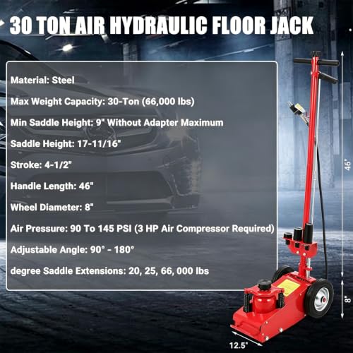 GarveeTech 30 Ton Air Hydraulic Floor Jack for Heavy Duty Trucks & Tractors – Low Profile (9"-17.7"), 4 Adapters, 46" Adjustable Handle – 66,000 Lbs Capacity - color: 30 Red