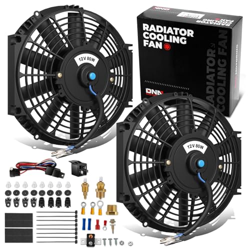 DNA Motoring 2pcs 12Inch Electric Radiator Cooling Fan Thermostat Wiring Switch Relay Kit, Universal High Performance Slim Fan Push Pull Electric Radiator with Mount Kit, RAF-12X2+SW-KIT - color: Black-2Pcs+SW-KIT, size: 12 Inch
