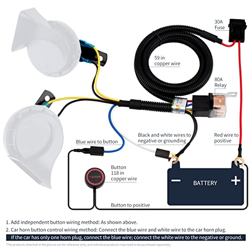 FARBIN 12V Car Horn Relay Wiring Harness Kit and Push Button with Wire - color: Wiring harness+red spot button, size: 12V