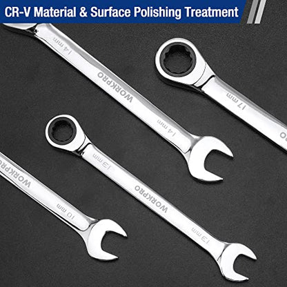 WORKPRO 7-Piece Ratcheting Combination Wrench Set, Metric 8-17mm - size: Metric