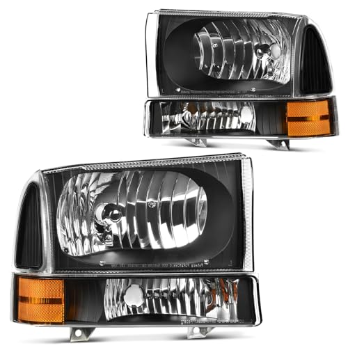 DWVO Headlight Assembly Compatible with 1999-2004 Ford F-250 F-350 F-450 F-550 Super Duty/2000-2004 Ford Excursion Replacement Headlamps Black Housing Clear Lens with Amber Reflector - color: Black+Clear Lens, style: Fit 99-04 F250