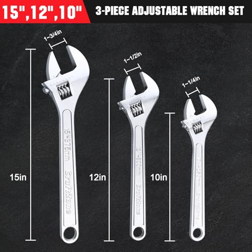 Adjustable Wrench Set, 3pc Wrench Set with SAE and Metric Scales, Heat-Treated Carbon Steel with Chrome Plated, Wide Jaw Wrenches for Home, Plumbing, Garage (10, 12, 15 Inch) - size: 10-inch,12-inch,15-inch